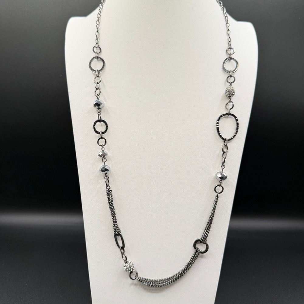 Silver Tone Long Mixed Link Rhinestone Bead Multi Chain Necklace Statement Glam